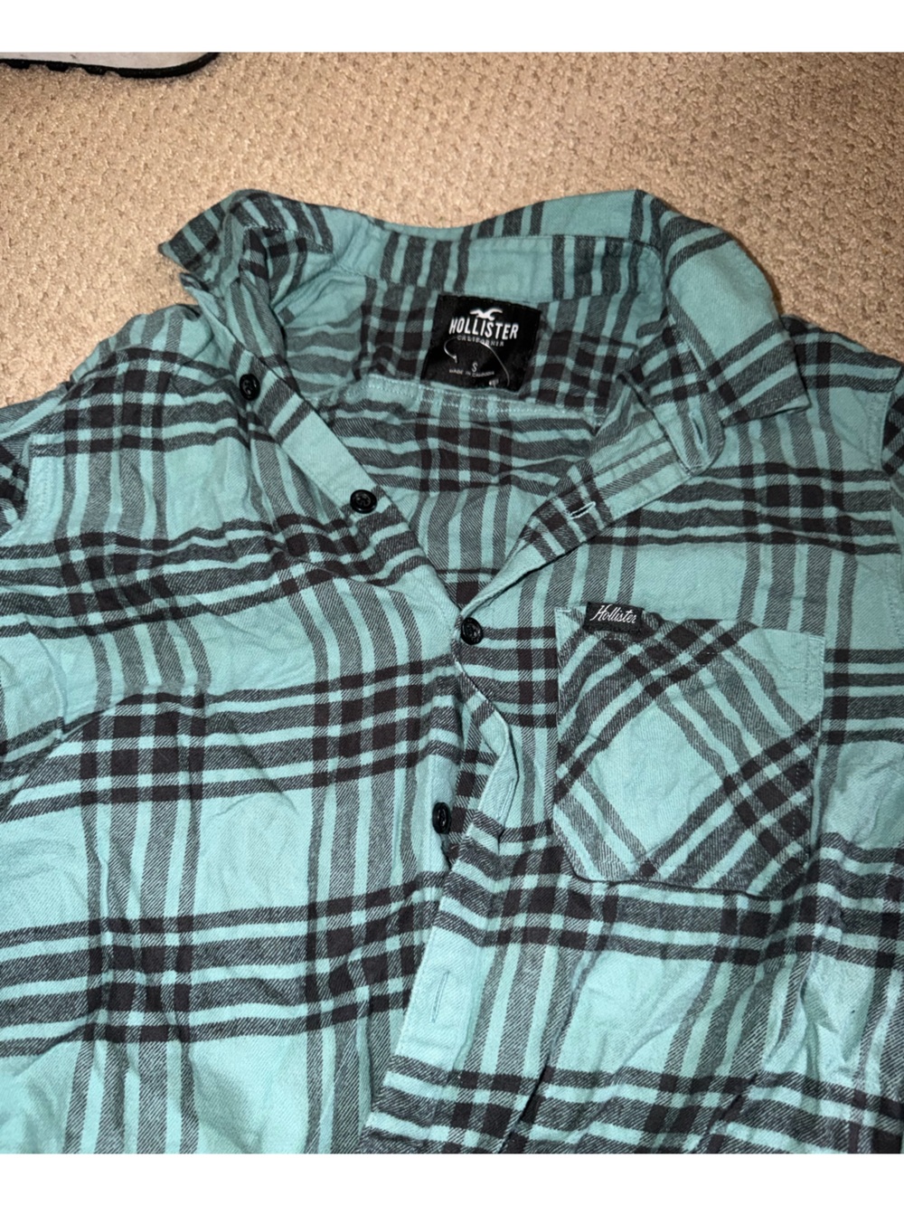 Hollister Men's Teal and Black Plaid Button-Down Shirt
